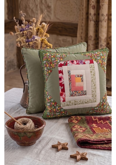 Poplin Pamuklu Kırkyama Patchwork Dekoratif Kırlent Kılıfı 45x45 Cm Çam Yeşili