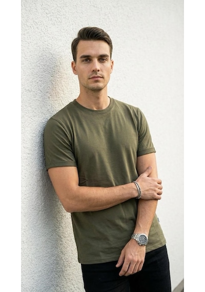 Plus Scorpion T02 Kol Katlama Erkek Slim Fit Basic Tişört Bisiklet Yaka, Düz Kumaş, Yazlık Model Haki