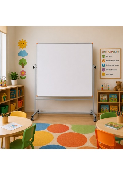 Emaye Yüzey 360 Dönerli Mobil Yazı Tahtası 120x120cm Beyaz