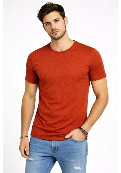 Defymoda Erkek Flam Kumaş Melanj Dokulu Regular Fit Tişört Bisiklet Yaka Yazlık T-shirt - Kiremit