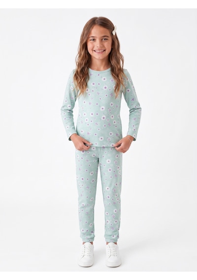 Onloox Kız Çocuk Su Yeşili Kız Çocuk Su Yeşili Pamuklu Penye Bisiklet Yaka Uzun Kollu Çiçek Desenli Pijama Takımı 4-8 Yaş