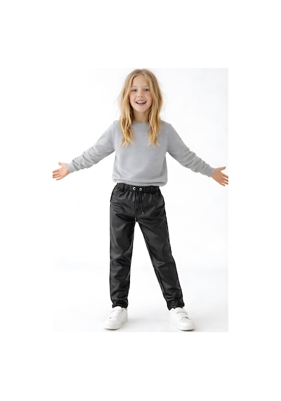 Esila Kids Kız Çocuk Deri Pantolon Lastikli Bel Cepli Şık Pantolon Siyah