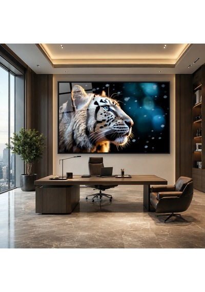 Bokeh Işıklı Beyaz Kaplan Profili Siyah Çerçeveli Cam Tablo