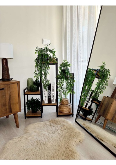 Garden 6 Raflı Metal Saksılık Dekoratif Metal Raflı Ahşap Çiçeklik Matkapsız Kurulum Metalik Mat Siyah