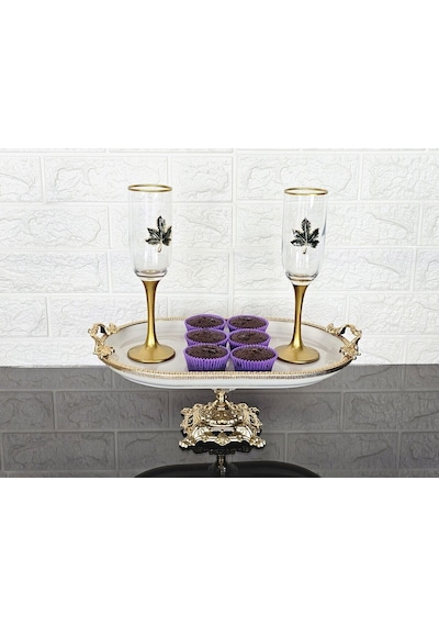 Porselen Büyük Sade Kayık Sunumluk Döküm Gold Çerçeveli Ve Ayaklı 33 Cm Beyaz