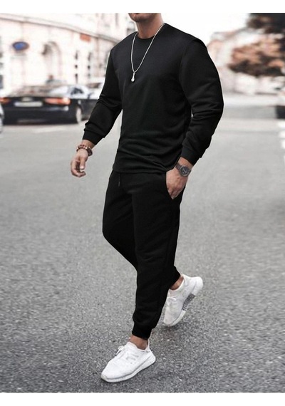 Basic Düz Eşofman Takımı Sweatshirt Jogger - Siyah Oversize Şardonlu Bisiklet Yaka Siyah