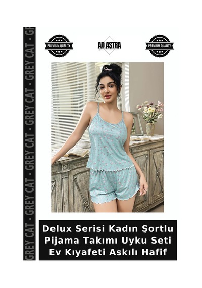 Grey Cat Delux Serisi Kadın Şortlu Pijama Takımı Uyku Seti Ev Kıyafeti Askılı Hafif Diğer