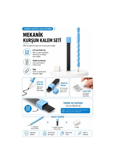 2.0 Mm Uç Ve Silgi Hediyeli 2.0 Mm Uçlu Kalem Seti 1 Adet Mavi
