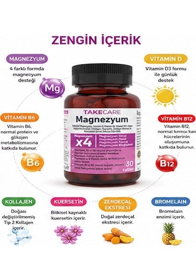 Takecare Magnezyum Takviye Edici Gıda 30 Tablet
