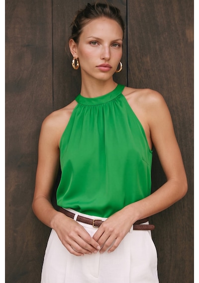 Sateen Halter Yaka Bluz - Yeşil-137729