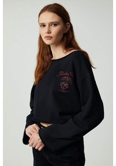 Ethıquet CARIBOU Kadın Asimetrik Yakalı Şardonsuz Tek Omzu Açık Baskılı Siyah Sweatshirt