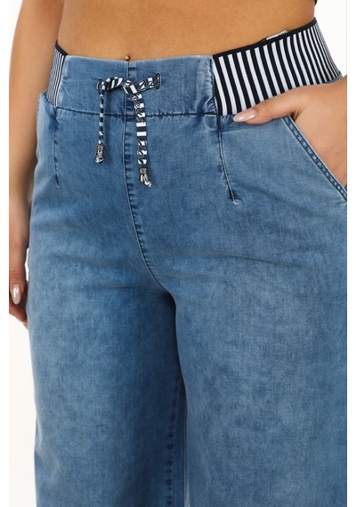 Zanessi Fashıon Büyük Beden Denim Beli Lastikli Bol Paça Kadın Pantolon Mavi