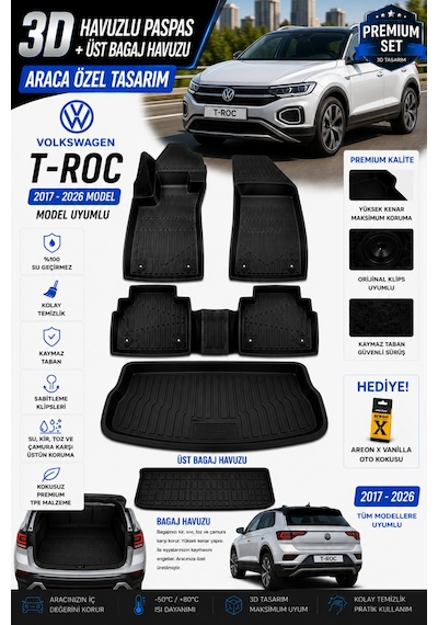 Volkswagen T-roc Ust 2018 Model Uyumlu 3d Araca Özel Havuzlu Paspas+bagaj Havuzu Birebir Uyum
