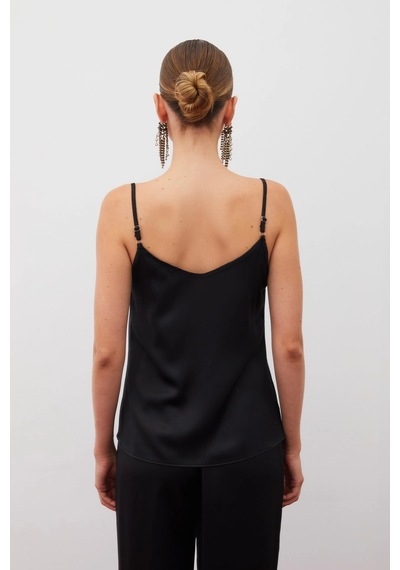 Sateen Askılı Degaje Yaka Bluz Siyah BEYAZ