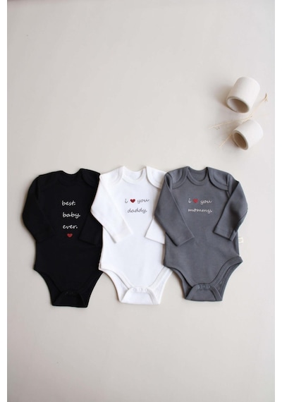 Ohlalakoala 3lü Nakışlı Çıt Çıtlı Uzun Kollu Body Zıbın Set Model 7 Siyah-antrasit-beyaz