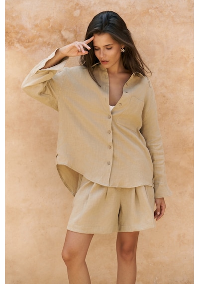 Mai Collection Mai Studios Co. Gaelil Oversize Haki Keten Gömlek Şort Takım Haki