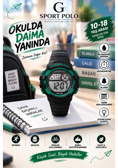 30m Suya Dayanıklı Işıklı Alarmlı Kronemetreli Takvimli Çocuk/genç Saati Yeşil - 927843749 Çok Renkli