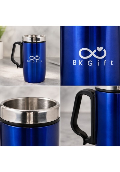 Logonuza Özel 5 Adet 5304 Çelik Kupa 240 Ml Kilitli Kapaklı Kurumsal Termos Mug Mavi