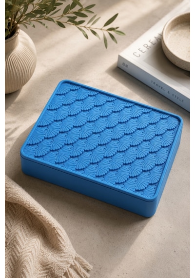 Desenli Kapaklı Dekoratif Kutu Masa Üstü Organizer Takı Aksesuar Saklama Kutusu Pla 20x12.5 Cm Mavi