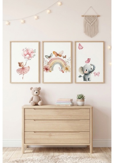 Doğal Ahşap Çerçeveli Gökkuşağı Fil Bebek Odası Çocuk Duvar Tablosu 3 Lü Set Ahşap