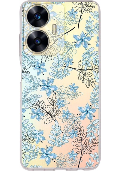 Realme C55 Uyumlu Kamera Korumalı Floral Mavi Tasarımlı Şeffaf Silikon Kılıf