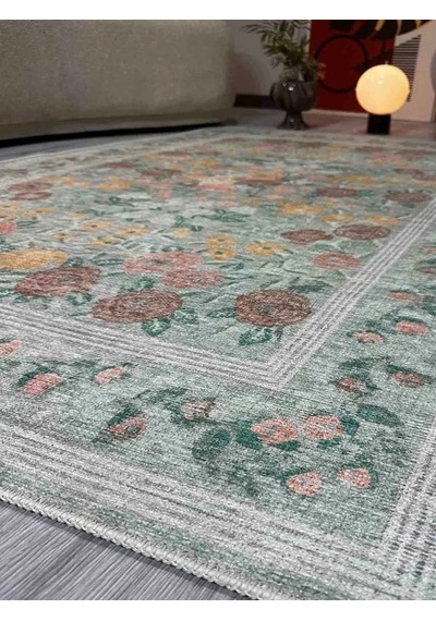 Vintage Çiçek Desenli Yeşil Dekoratif Ve Yıkanabilir Dokuma Şönil Halı Bohem Oda Halısı