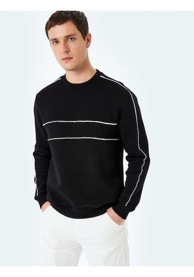 Koton Pamuk Karışımlı Uzun Kollu Biyeli Bisiklet Yaka Sweatshirt Siyah 5wam70258mk Siyah