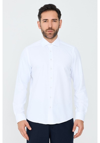 White Stone Beyaz Dokulu Dynamic Fit Erkek Uzun Kollu Gömlek Beyaz-01