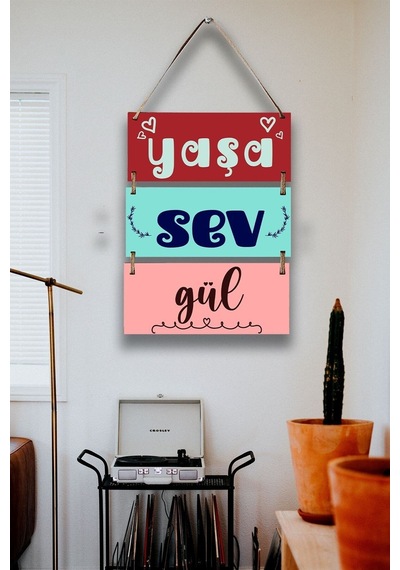 3'lü Mdf Tablo Seti, Yaşa Sev Gül Pozitif Yazı Süsü, Ev, Oturma Odası, Salon, Ofis Duvar Dekoru