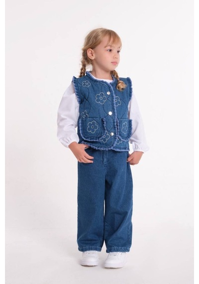 Le Petit Sole Kız Çocuk Yelek Gömlek Pantolon 3'lü Denim Takım Mavi