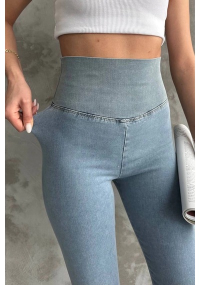 Buz Mavi Ekstra Yüksek Bel Kot Tayt Pantolon Jeggings Buz Mavi