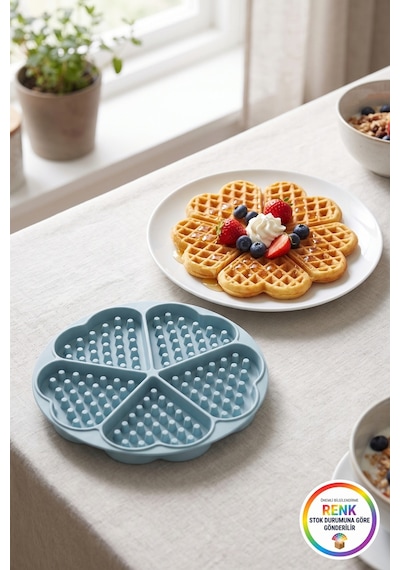Kalp Desenli Silikon Waffle Kalıbı 5 Bölmeli Yapışmaz Kolay Çıkan Esnek Fırına Uygun 18 Cm Çok  Renkli