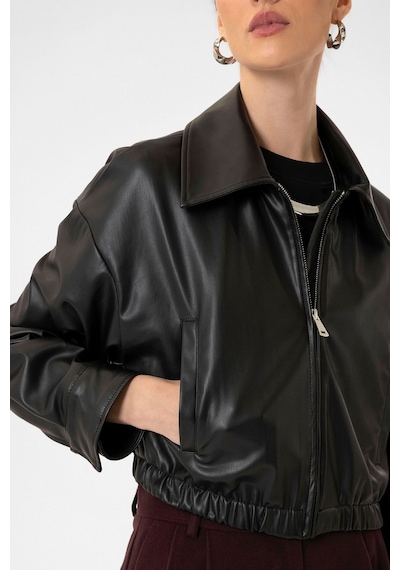 Antioch Crop Suni Deri Kadın Ceket Siyah