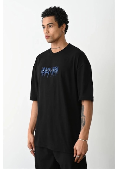 Assema Erkek Baskılı Oversize Kısa Kol T-shirt - Siyah Çok Renkli