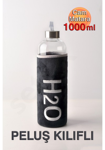 Siyah Peluş Kılıflı Cam Matara 1000 ml - Spor, Okul, Ofis ve Günlük Kullanım İçin Büyük Boy Şık Su Şişesi