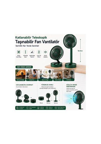 Şarjlı Katlanabilir Masaüstü Vantilatör, Yeşil, Yükseklik Ayarlı, 3 Kademeli Hız, Usb Şarjlı, Sessiz Taşınabilir Mini Fan Beyaz - 888190452