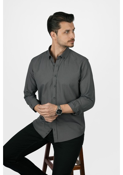 Füme Yaka Düğmeli Premium Şamre Slimfit Erkek Gömlek Füme
