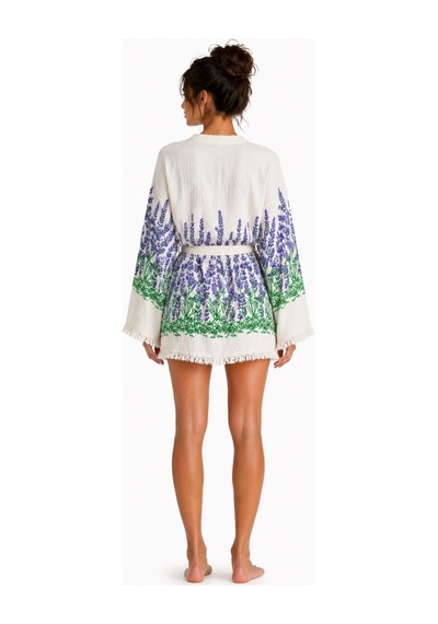 Mulberry Sedna Kadın Ekru Müslin Kimono Bornoz Kuşaklı, Püskül Detaylı, Oversize Rahat Kesim Plaj & Ev Giyim Lacivert