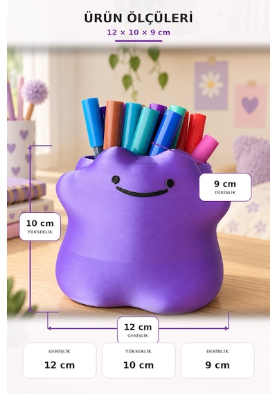 Cute Ditto Kalemlik Kız Çocuk Odası Dekoratif Masa Üstü Kalemlik Parlak Mor