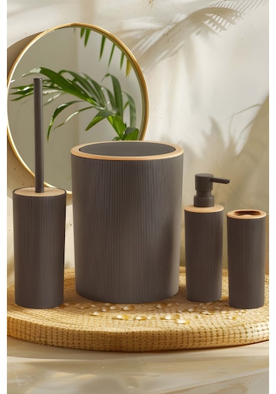 İndecor Houseware Liza 4'lü Banyo Seti Antrasit Gri - Çöp Kovası Wc Fırçası Sıvı Sabunluk Diş Fırçalık