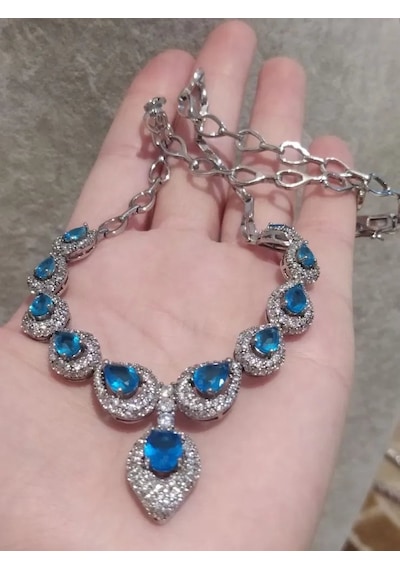 925 Gümüş Mavi Topaz Tasarım Kolye 313 Gümüş