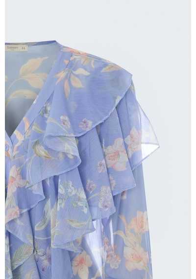 Sateen Fırfır Detaylı Desenli Gömlek - Mavi-137786