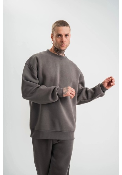 Uzun Kol Bisiklet Yaka Basic Sweatshirt - Füme Füme