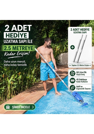 Yousky - Yeni Şarjlı Havuz El Süpürgesi - İlave 2 Sap Hediyeli