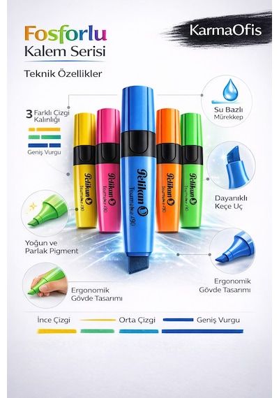 5 Li Sarı Fosforlu Kalem Seti Su Bazlı, 3 Uçlu, Yoğun Pigment Sarı