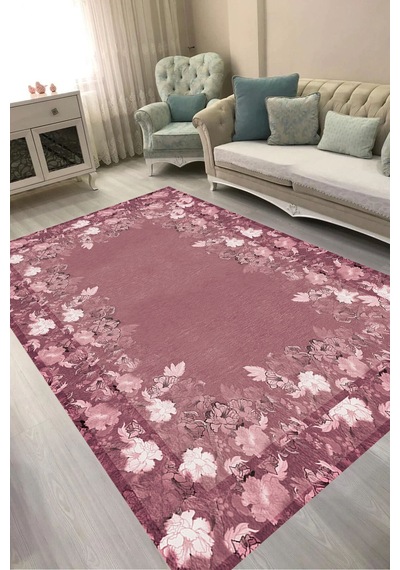 Dijital Baskılı Dikdörtgen Salon Halısı Kaymaz Yıkanabilir Keçe Taban Çiçekli P1388 Bordo