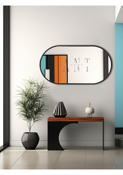 Dekoratif Ayna, Duvar Aynası, Konsol Aynası, Mdf, Elips Ayna, Çerçeveli Ayna 80x40 Cm 80 X 40 Siyah