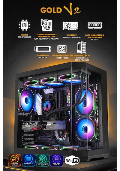 Gamers Arena GOLD V2 R5-7500F 16 GB 512 GB SSD RX9060XT Free Dos Masaüstü Oyuncu Bilgisayarı