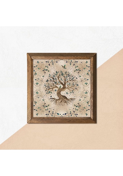 Pinecone Hayat Ağacı Taş Duvar Tablosu - Ahşap Çerçeveli Taş Tablo - 25x25 Cm - Dekoratif Duvar Sanatı - Modern Ev Ve Ofis Duvar Dekoru W1-07