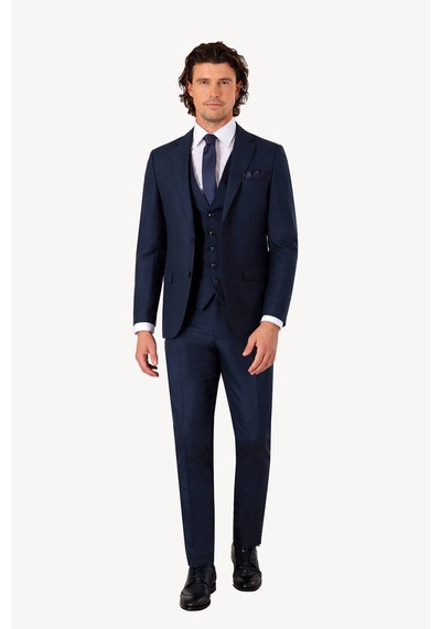 Erkek Lacivert Slim Fit Yelekli Kareli Desen Takım Elbise